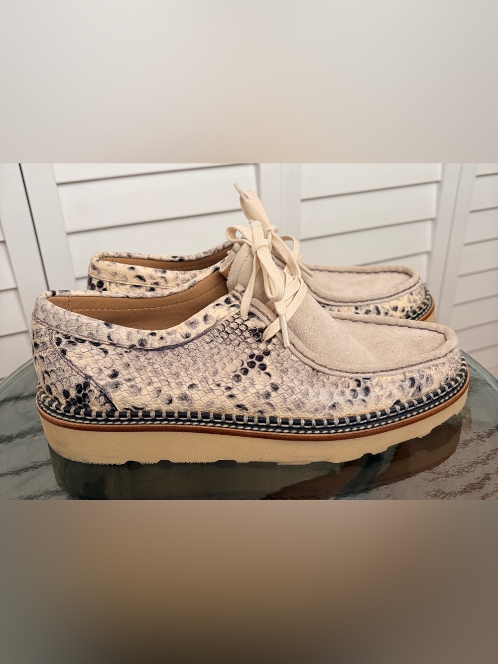 Women’s Freda Salvador Willow Lug Moccasin, Earl Grey Snake Combo, New, Size 8